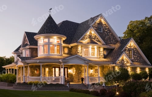 Preview: Elegant grey stone house with white trim and blue roof at dusk in summer, Quebec, Canada
