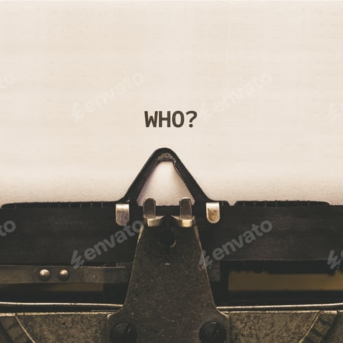 Preview: Question Who, headline text written on vintage type writer from 1920s
