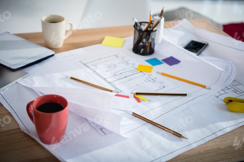 Preview: Close-up view of blueprints with office supplies and cups of coffee on table