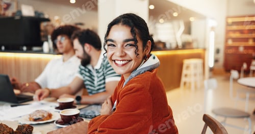 Preview: Portrait, smile and woman with colleagues, cafe and confident for collaboration in store, tea and g