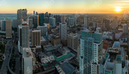 Preview: Aerial view of downtown office district of Miami Brickell in Florida, USA at sunset.