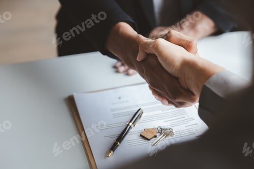 Preview: The salesperson of the housing estate in the project and the customer shake hands.
