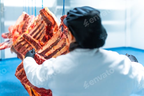 Preview: Woman transporting meat along cold storage room in a factory