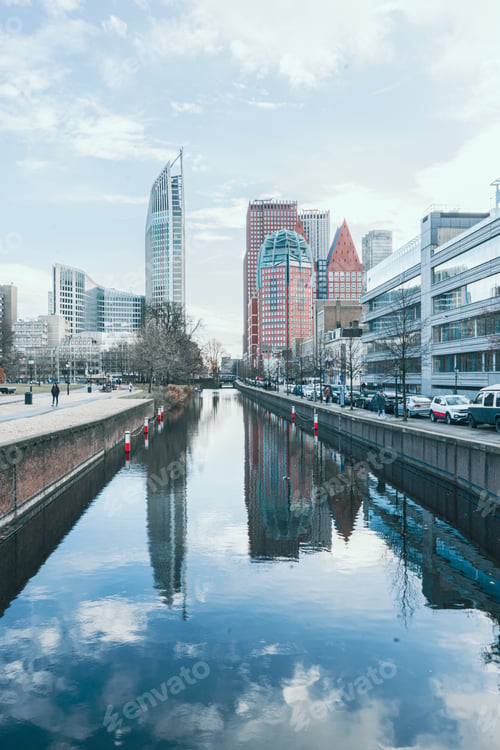 Preview: Reflection shot photo of Den Hague city with a lovely canal