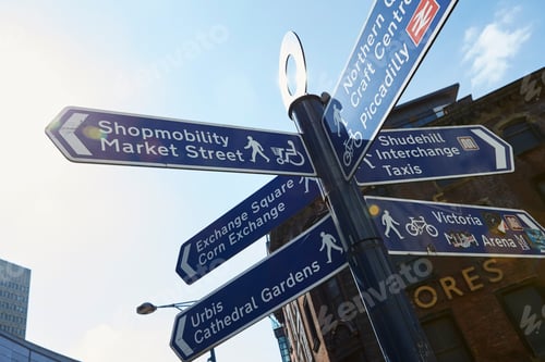Preview: Manchester, UK - 10 May 2017: Information Sign Giving Directions In Manchester City Centre