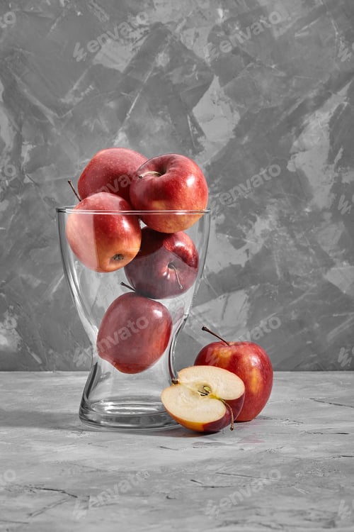 Preview: Red apples on the table. Top view with copy space on gray stone background.