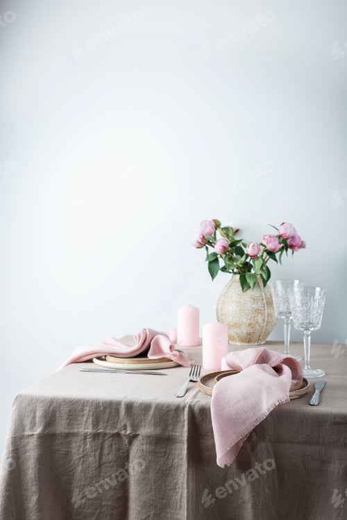 Preview: table with linen tablecloth in beige color