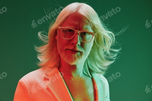 Preview: Portrait of a stylish man with long white hair and glasses against a green and red background