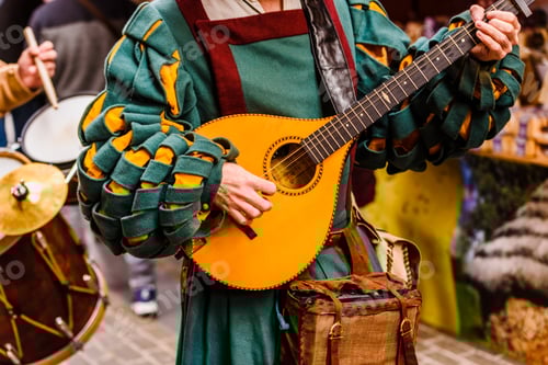 Preview: Medieval troubadour playing an antique guitar.
