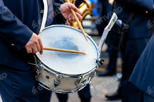 Preview: Band musicians with their instruments on the street. Typical music bands in Spain.