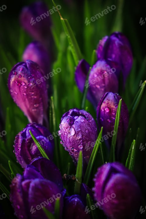 Preview: Crocuses,flowers, springtime, spring, purple, background,nature, dark mood, dark, drops of water