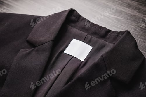 Preview: Blank clothing tag on the texture of a black blazer. Label with empty space for text