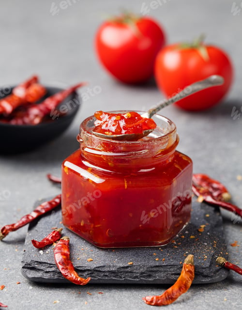 Preview: Tomato and chili sauce, jam, confiture in a glass jar on a grey stone background