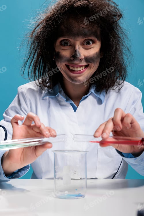 Preview: Crazy foolish biochemist with beakers experimenting new formula discovered by mistake in laboratory