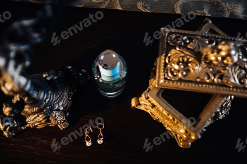 Preview: Accessories for the bride. Earrings on the table. White wedding earrings