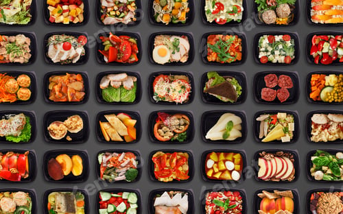 Preview: Creative Background With Healthy Tasty Food In Black Plastic Containers For Delivery