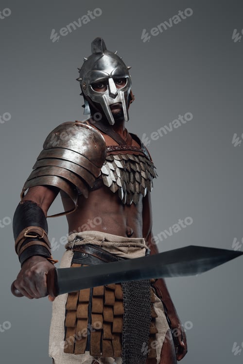 Preview: Combative black gladiator with sword in fight pose