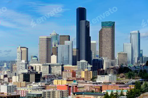 Preview: 55029,Seattle city skyline against blue sky, Seattle, Washington, United States