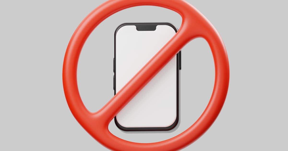 Red circle with diagonal line and smartphone. 3D, Incl. circle & device ...