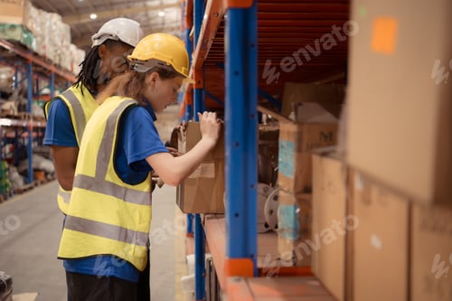Preview: Young man and woman working together in warehouse,