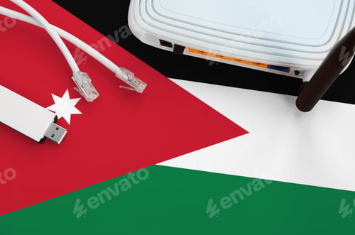 Preview: Jordan flag depicted on table with internet rj45 cable, wireless usb wi-fi adapter and router