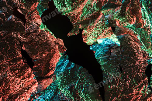 Vista previa: top view of glossy ragged foil with colorful lighting reflection in darkness isolated on black