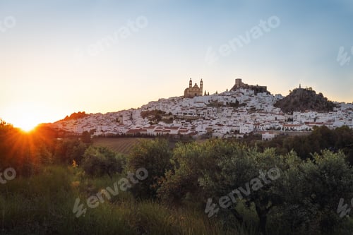 Preview: Olvera city with Castle and Cathedral at sunset - Olvera, Cadiz Province, Andalusia, Spain