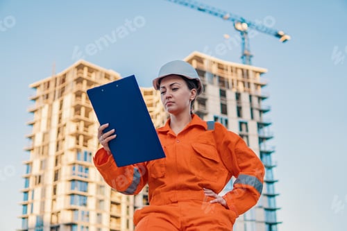 Preview: beatiful business woman engineer wearing orange coverall