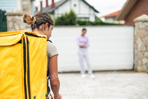 Preview: concerned food delivery girl arriving at upset customer’s home with yellow backpack