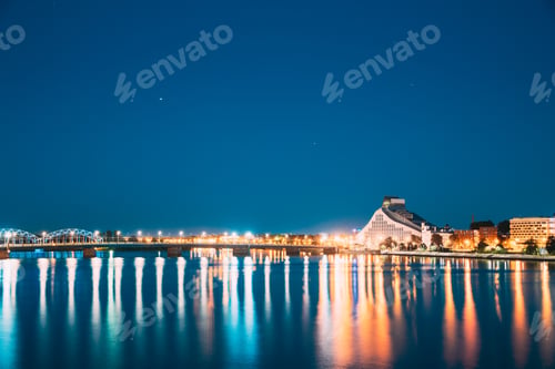 Preview: Riga, Latvia. Daugava River, National Library Building In Night. Copy Space.Riga, Latvia. Daugava