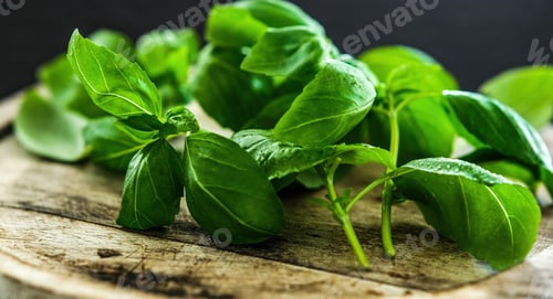 Preview: Fresh green basil leaves on a wooden board
