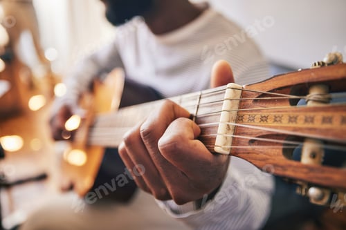 Preview: Closeup, hands of man and guitar for music, live talent and creative skill of sound production in h