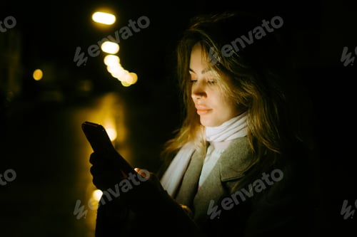Preview: Young caucasian woman using mobile phone outdoor in the evening, walking on city streets.