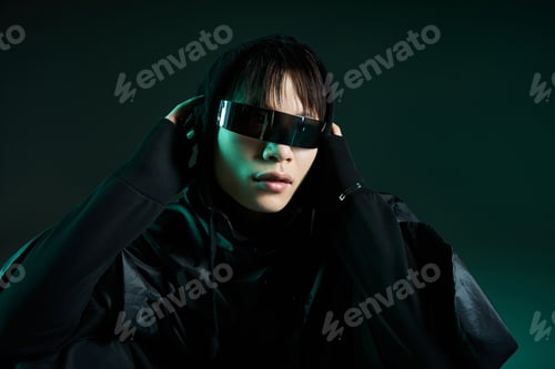 Preview: Stylish young asian man in futuristic attire with bold sunglasses on dark background