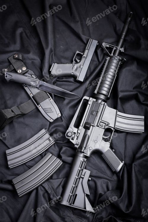 Preview: Rifle, gun, knife with sheath, compass and notebook with pen on on black cloth
