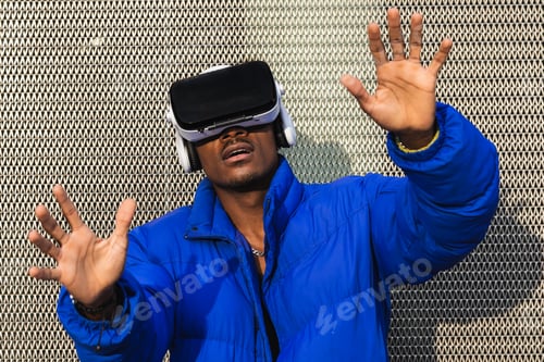 Preview: Black man experiencing virtual reality in city