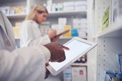 Preview: Tablet screen, person and pharmacist hands typing, scroll or search clinic database for product, pi