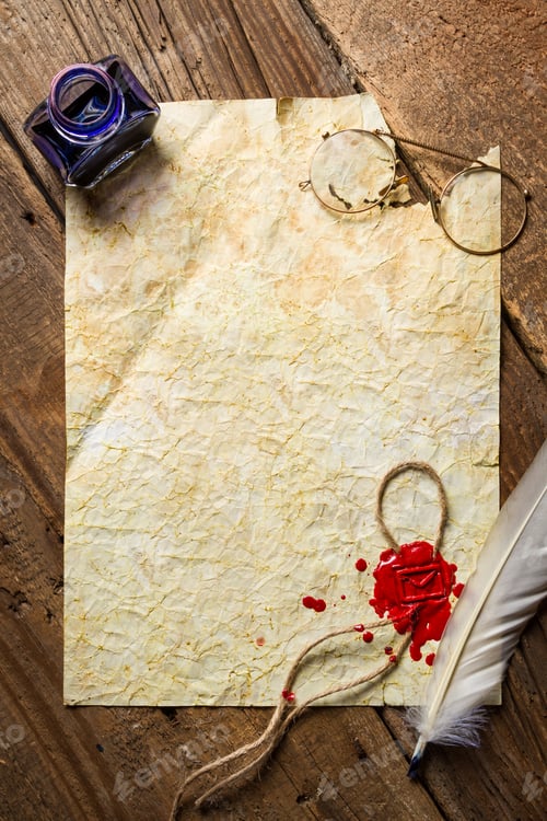 Preview: Ink, feather, glasses and red sealing wax on old vintage paper
