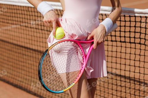 Preview: Female Tennis Player Holding Ball Near Skirt and Racket Closeup Court Scene