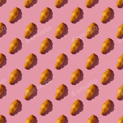 Preview: seamless pattern of croissant on a pink background with hard light