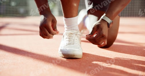 Preview: Person, hands and tying shoes with laces for sport, fitness or outdoor exercise on turf or court. C