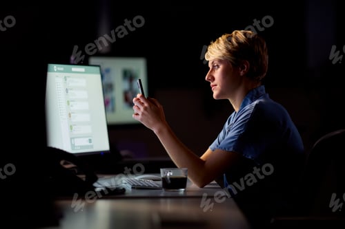 Preview: Businesswoman Working Late In Office With Face Illuminated By Computer Screen Using Mobile Phone