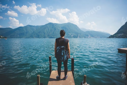 Preview: Rear view of mid adult woman looking out from pier, Lake Lugano, Switzerland