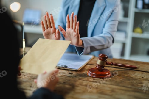 Preview: Lawyer refusing bribe offered by client in courtroom during legal proceedings