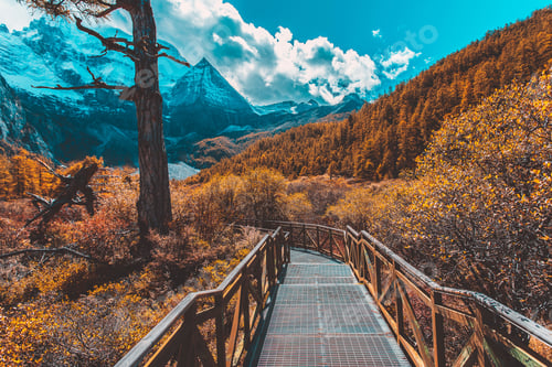Preview: Pearl Lake or Zhuoma La Lake and snow mountain in autumn in Yading Nature reserve, Sichuan, China.
