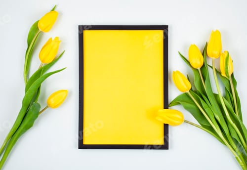 Preview: Decorative empty frame with copy space and bouquet of tulips