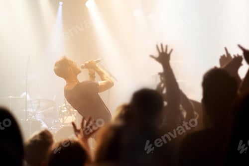 Preview: Rocking out. A rock star singing into his mic while fan reach out their hands to him.