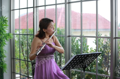 Preview: woman musician playing classical flute music instrument, workshop for performance concert