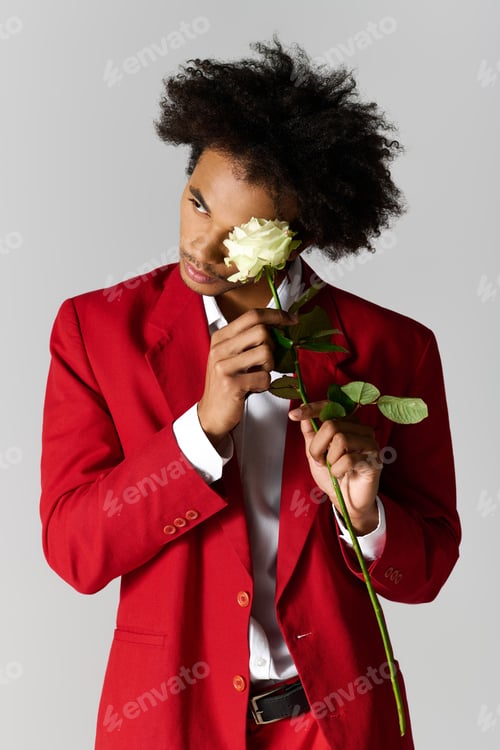 Preview: Young man in elegant red suit holding a white rose against a simple backdrop