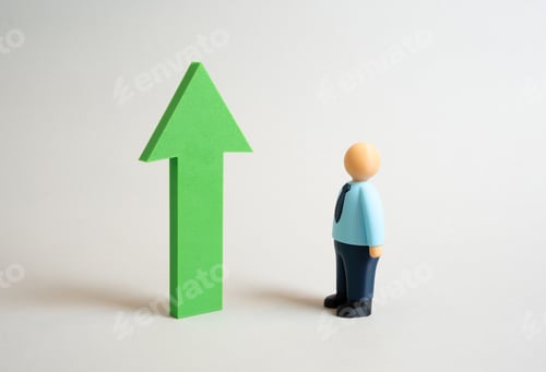 Preview: An office worker looks at a green growth arrow. Assess growth and success.